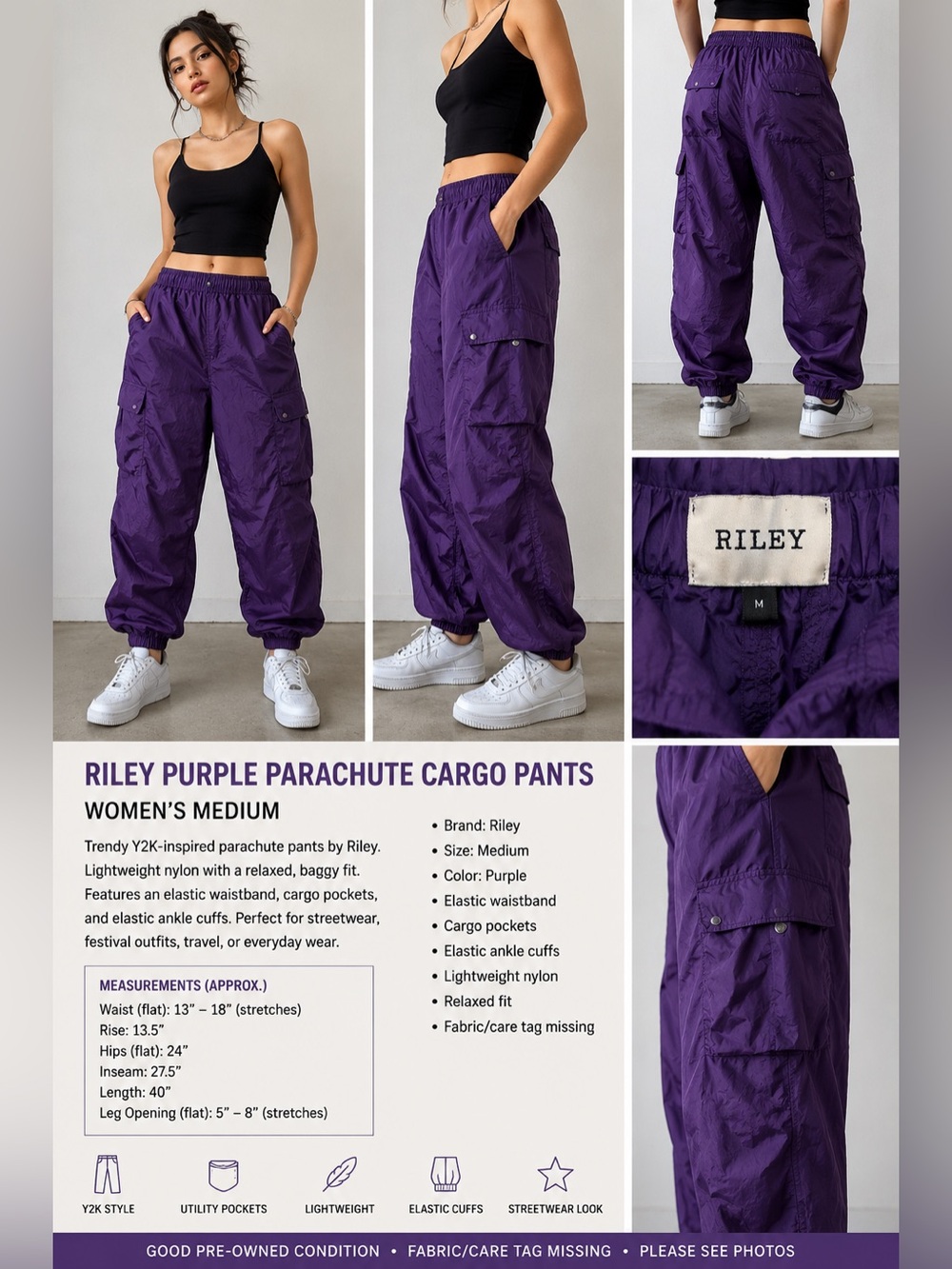 Riley Purple Parachute Cargo Pants Women's Medium Lightweight Nylon Y2K